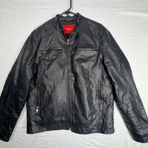 Guess Mens Black Faux Leather Biker Cafe Racer Jacket T3RN00WD5K0 Size M